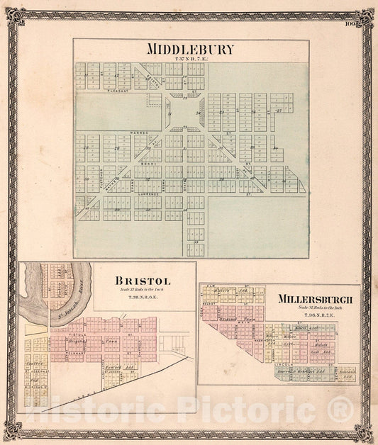 Historic Map : Middlebury. Bristol. Millersburgh (Millersburg), Indiana., 1874, Vintage Wall Art