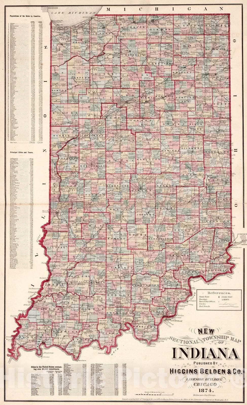 Historic Map : Indiana., 1874, Vintage Wall Art