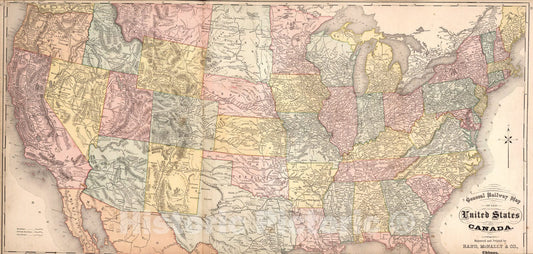 Historic Map : General Railway Map of the United States and Canada., 1874, Vintage Wall Art