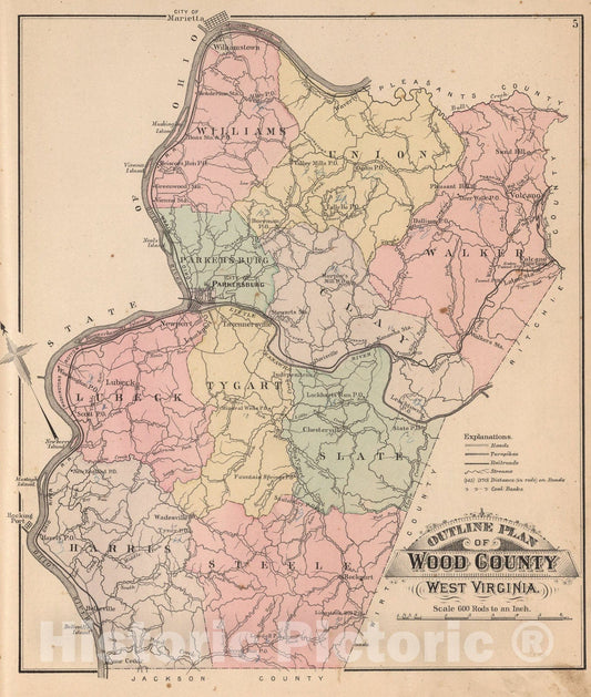 Historic Map : Wood County, West Virginia., 1886, Vintage Wall Art