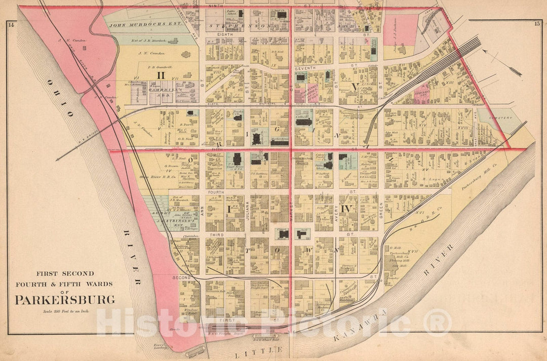 Historic Map : First, Second, Fourth, & Fifth Wards of Parkersville, West Virginia., 1886, Vintage Wall Art