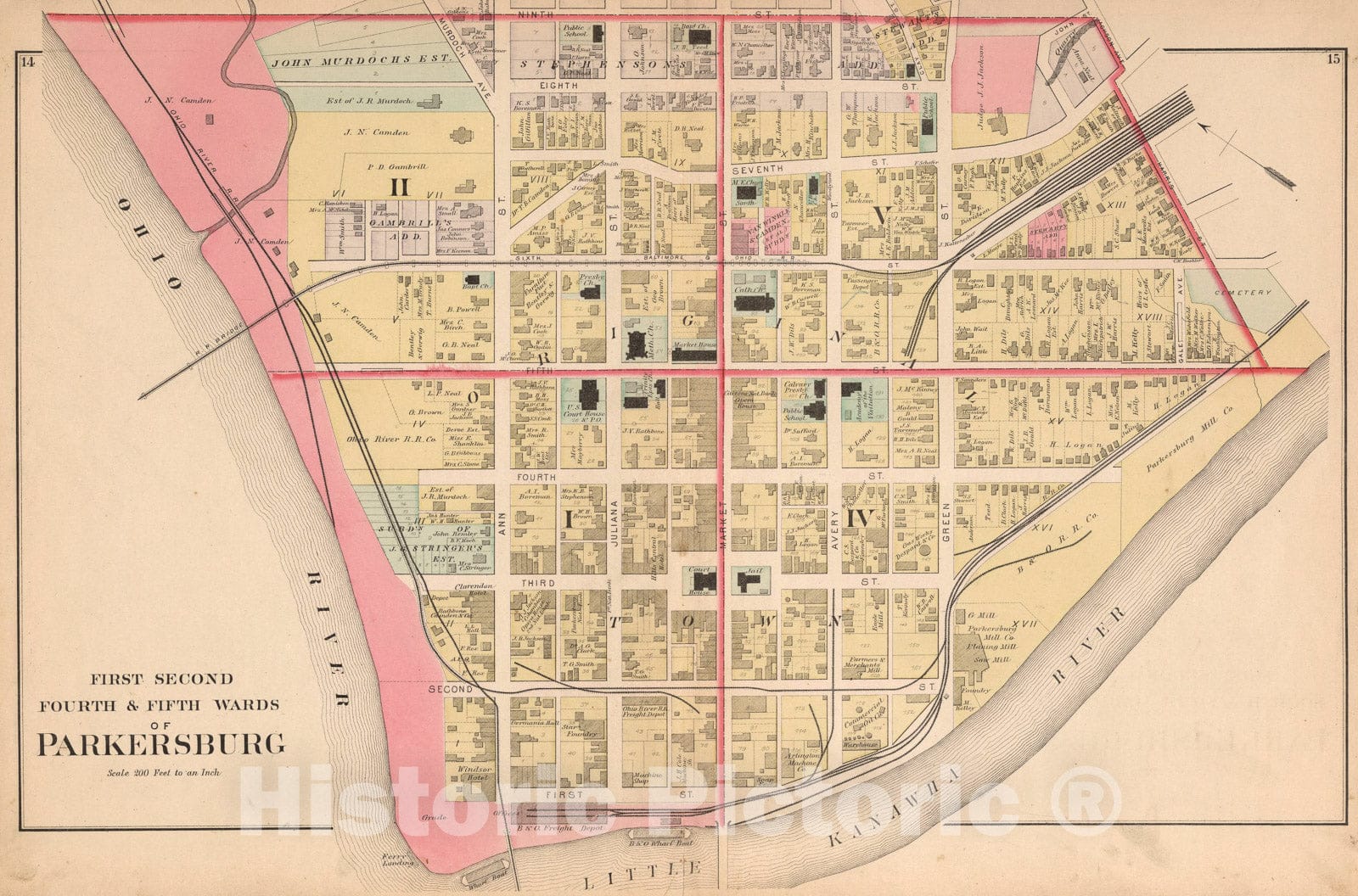 Historic Map : First, Second, Fourth, & Fifth Wards of Parkersville, West Virginia., 1886, Vintage Wall Art