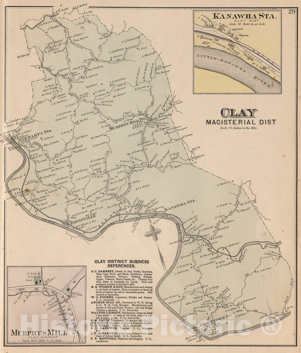 Historic Map : Clay Magisterial District, Wood County, West Virginia. Kanawha Sta. Murphy's Mill., 1886, Vintage Wall Art