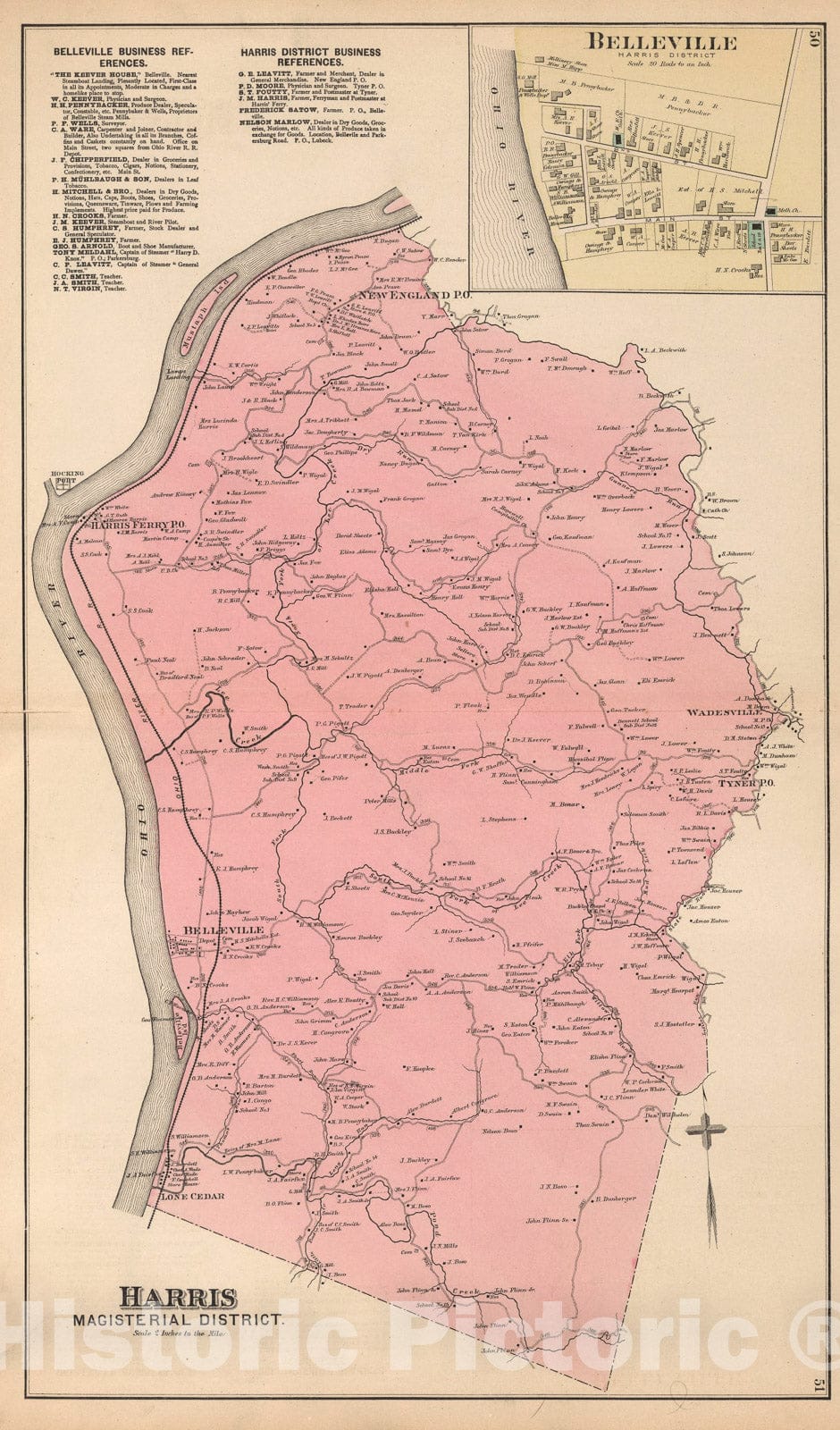 Historic Map : Harris Magisterial District, Wood County, West Virginia. Belleville., 1886, Vintage Wall Art