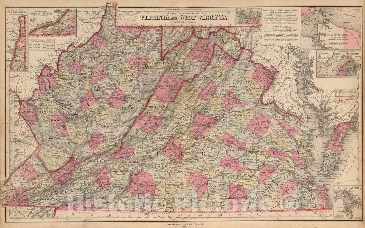 Historic Map : Virginia and West Virginia., 1886, Vintage Wall Art