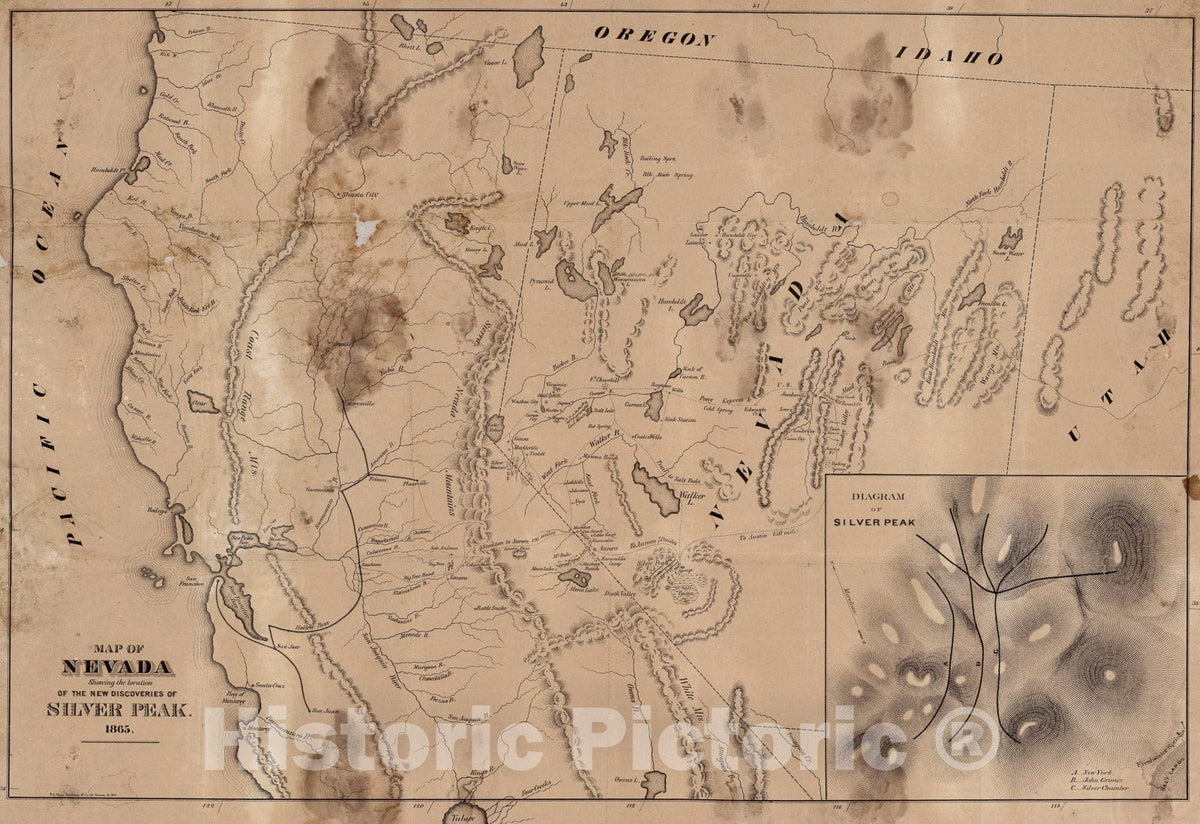Historic Map : Map Of Nevada Showing New Discoveries Of Silver Peak, 1865, Vintage Wall Art