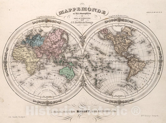 Historic Map : Mappemonde en deux Hemispheres ...., 1852, Vintage Wall Art
