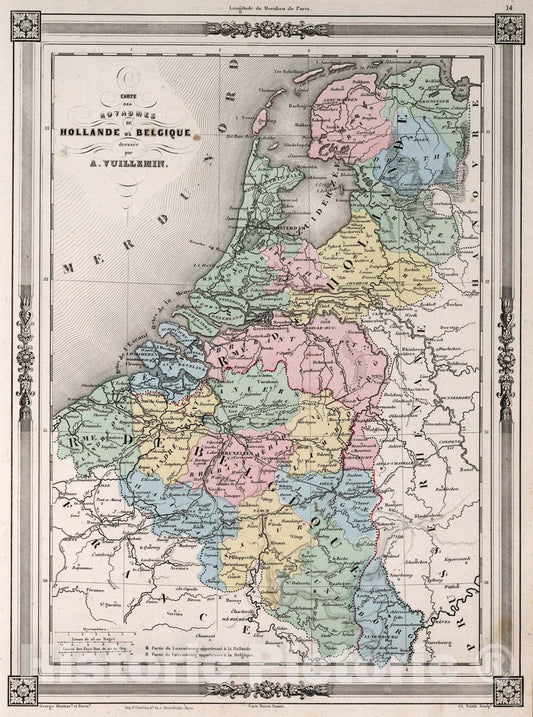 Historic Map : Royaumes de Hollande et Belgique., 1852, Vintage Wall Art
