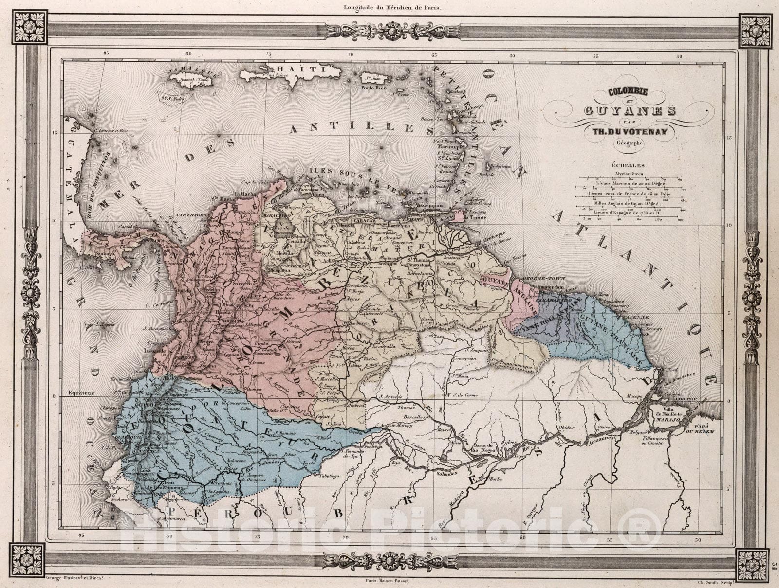 Historic Map : Colombie et Guyanes., 1852, Vintage Wall Art
