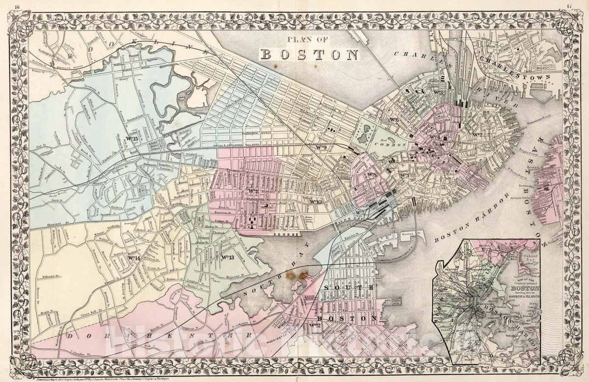 Historic Map : Plan of Boston, 1874, Vintage Wall Art