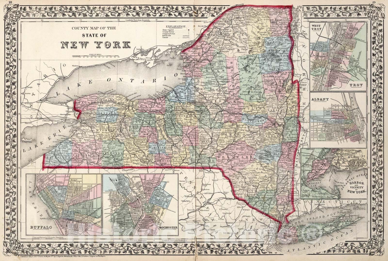 Historic Map : County map of the state of New York, 1874, Vintage Wall Art