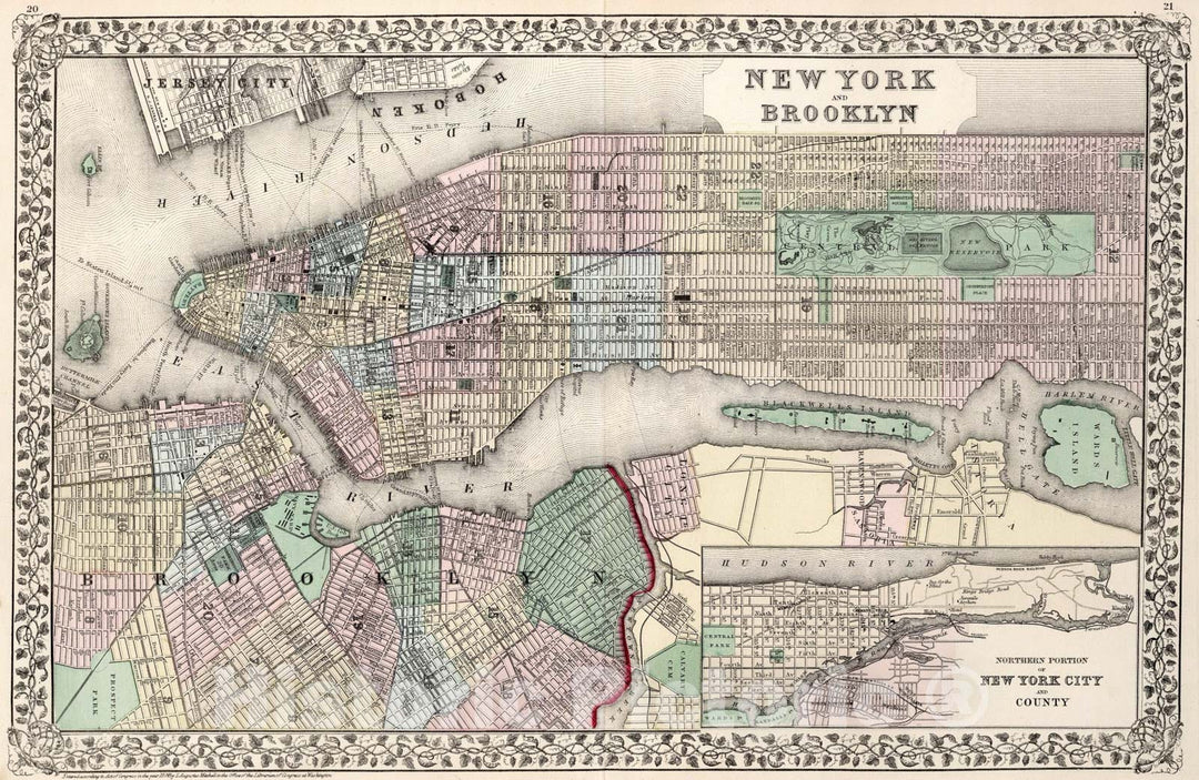 Historic Map : New York and Brooklyn, 1874, Vintage Wall Art