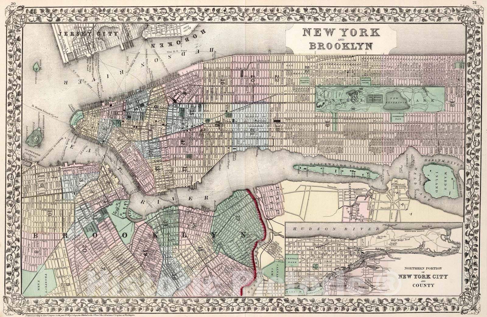 Historic Map : New York and Brooklyn, 1874, Vintage Wall Art