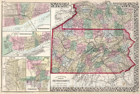 Historic Map : County map of the state of Pennsylvania, 1874, Vintage Wall Art