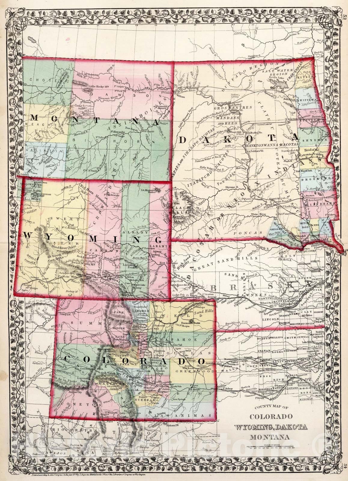 Historic Map - County Map of Colorado, Wyoming, Dakota Montana, 1874, Samuel Augustus Mitchell - Vintage Wall Art