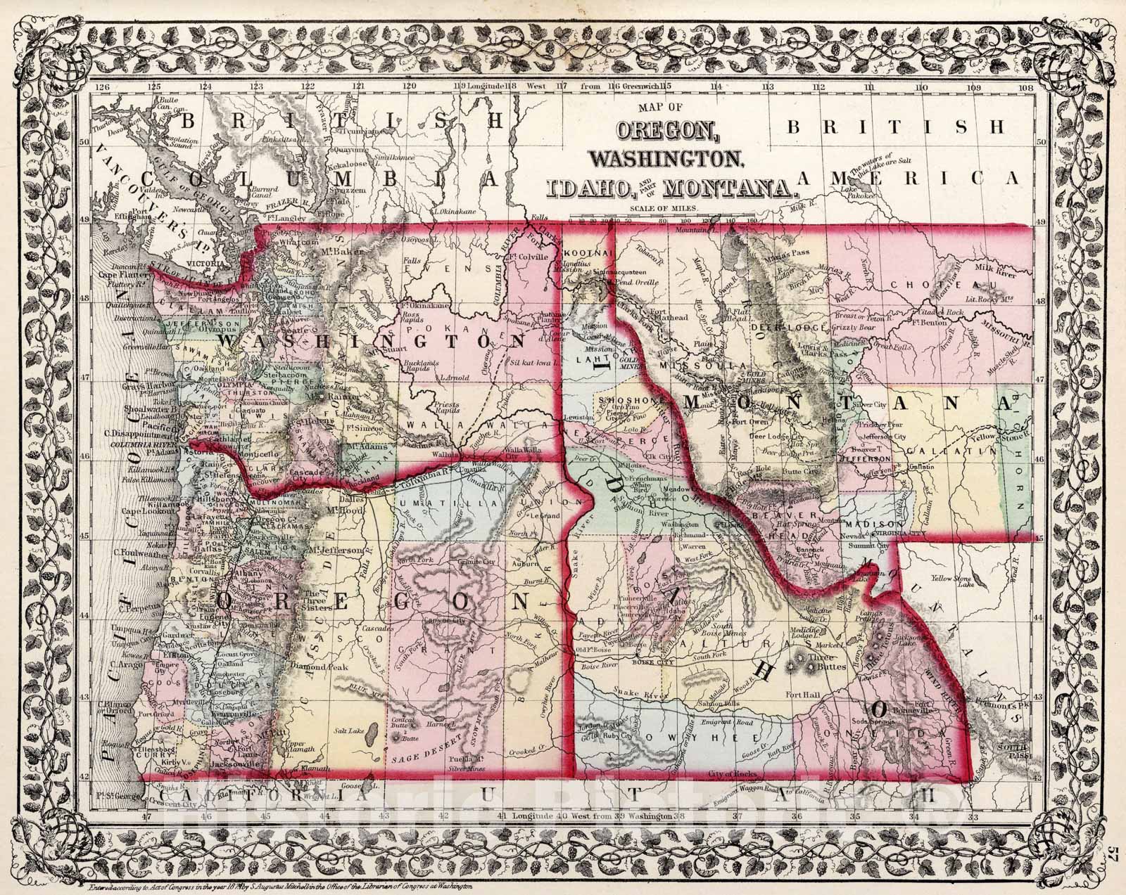 Historic Map : Map of Oregon, washington, Idaho, and part of Montana, 1874, Vintage Wall Art