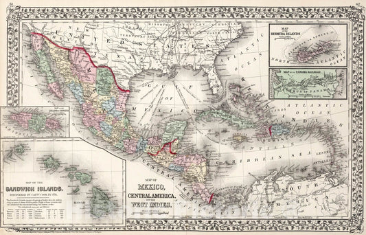 Historic Map : Map of Mexico, Central America and the West Indies, 1874, Vintage Wall Art