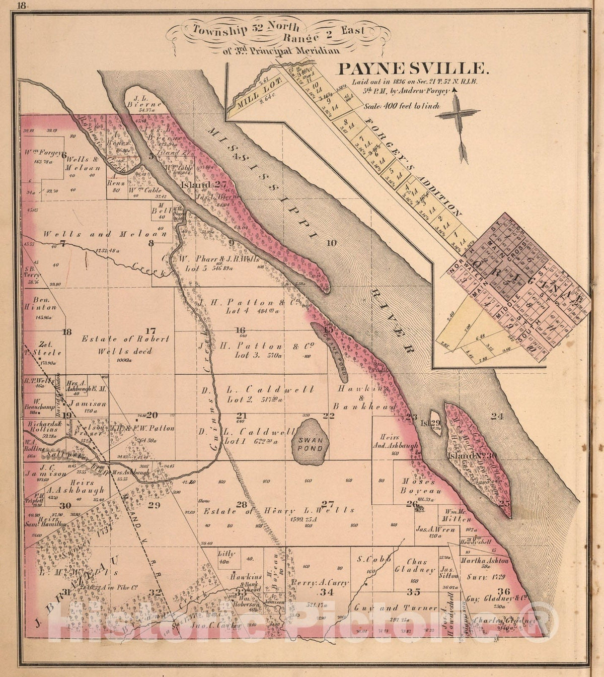 Historic Map : Township fifty-two North, Range two East, Pike County, Missouri. Paynesville., 1875, Vintage Wall Art