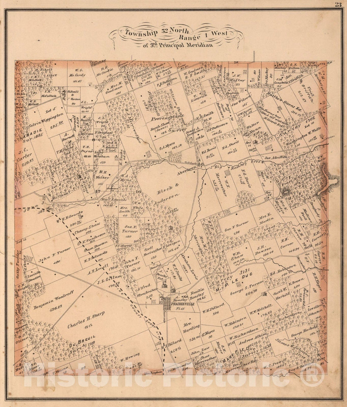 Historic Map : Township fifty-two North, Range one West of 3rd Principal Meridian, Pike County, Missouri., one875, Vintage Wall Art