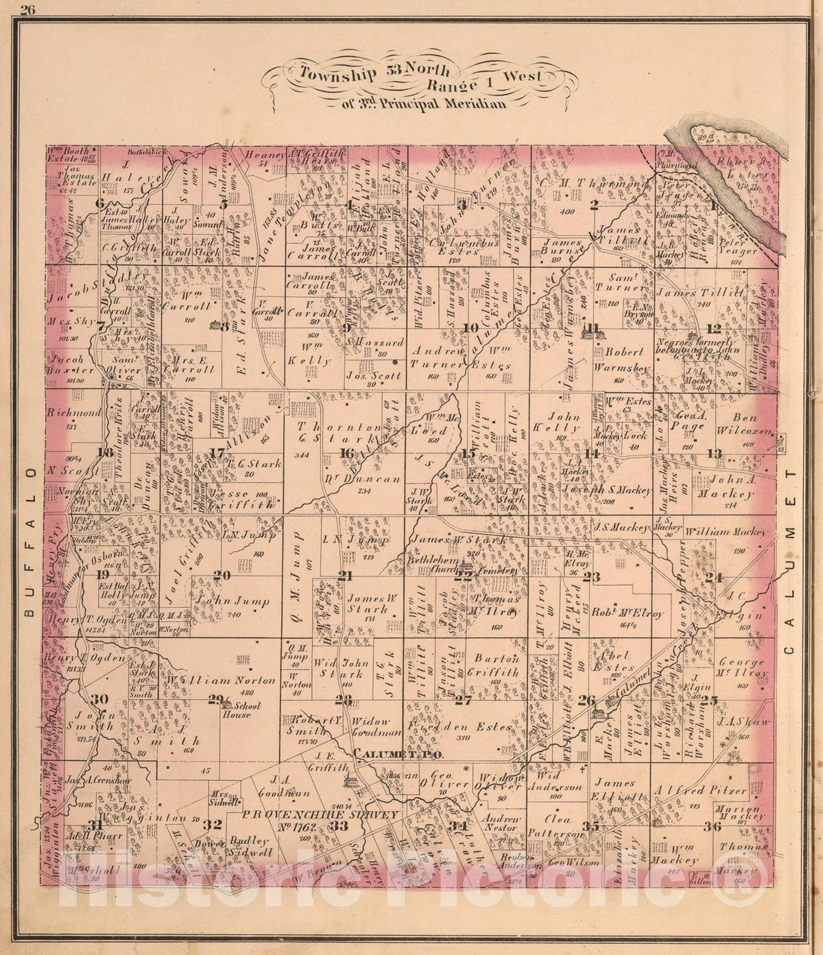 Historic Map : Township fifty-three North, Range one West. of 3rd Principal Meridian, Pike County, Missouri., one875, Vintage Wall Art