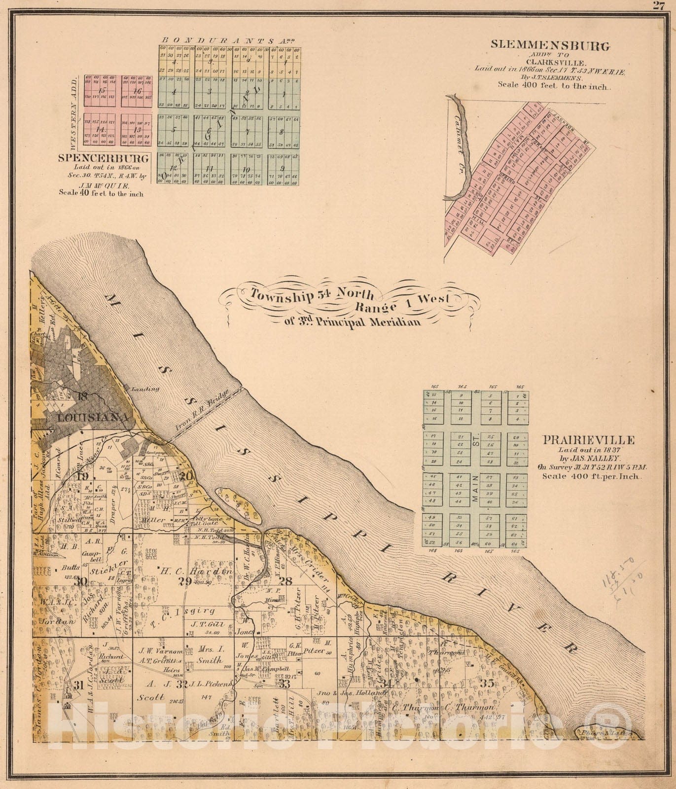 Historic Map : Township fifty-four North, Range one West. of 3rd Principal Meridian, Pike County, Missouri. Spencerburg. Slemmensburg. Prairieville., one875, Vintage Wall Art
