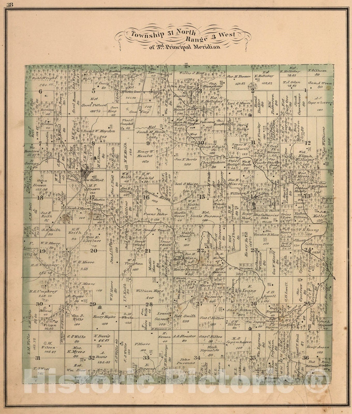 Historic Map : Township fifty-one North, Range three West of threerd Principal Meridian, Pike County, Missouri., 1875, Vintage Wall Art