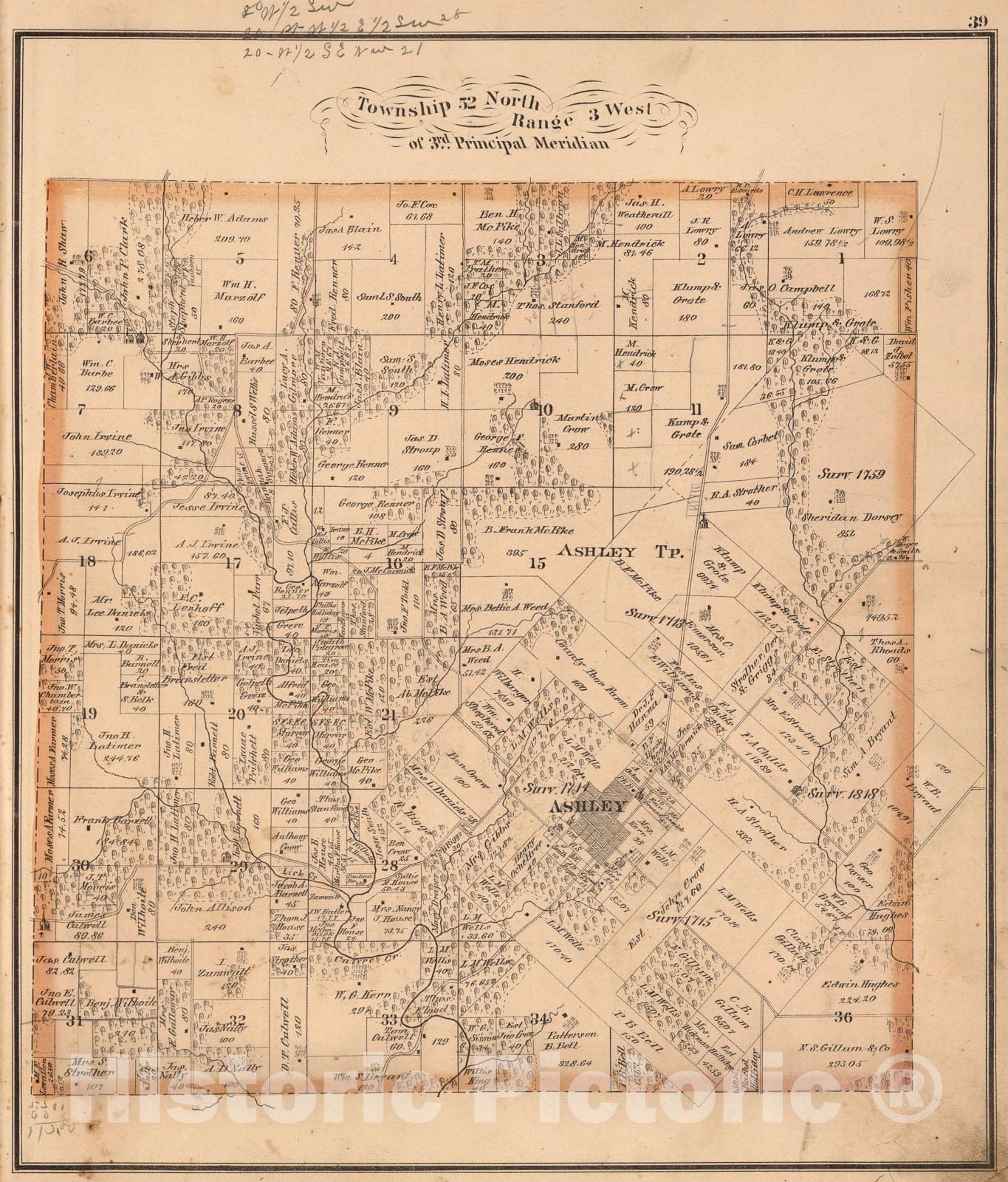 Historic Map : Township fifty-two North, Range three West of threerd Principal Meridian, Pike County, Missouri., 1875, Vintage Wall Art