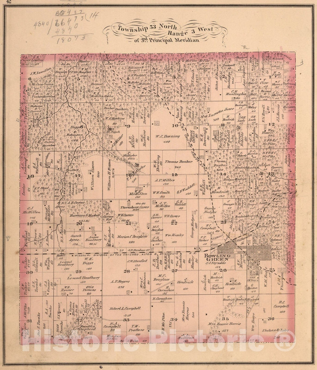Historic Map : Township fifty-three North, Range three West of threerd Principal Meridian, Pike County, Missouri., 1875, Vintage Wall Art