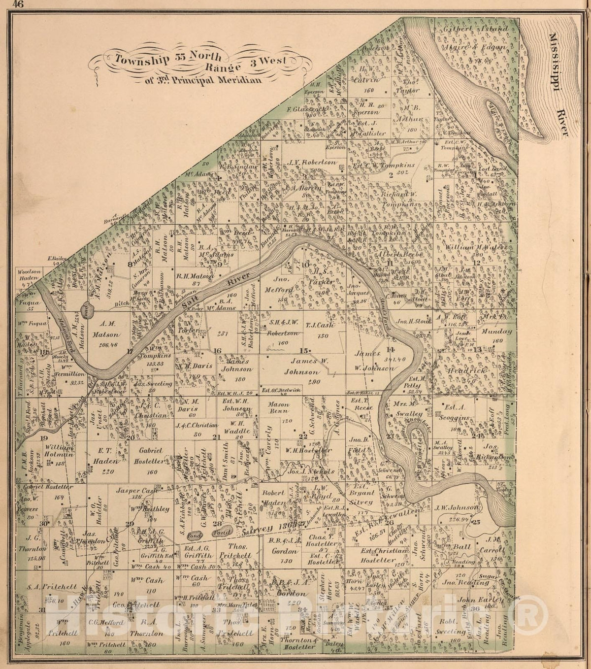 Historic Map : Township fifty-five North, Range three West of threerd Principal Meridian, Pike County, Missouri., 1875, Vintage Wall Art