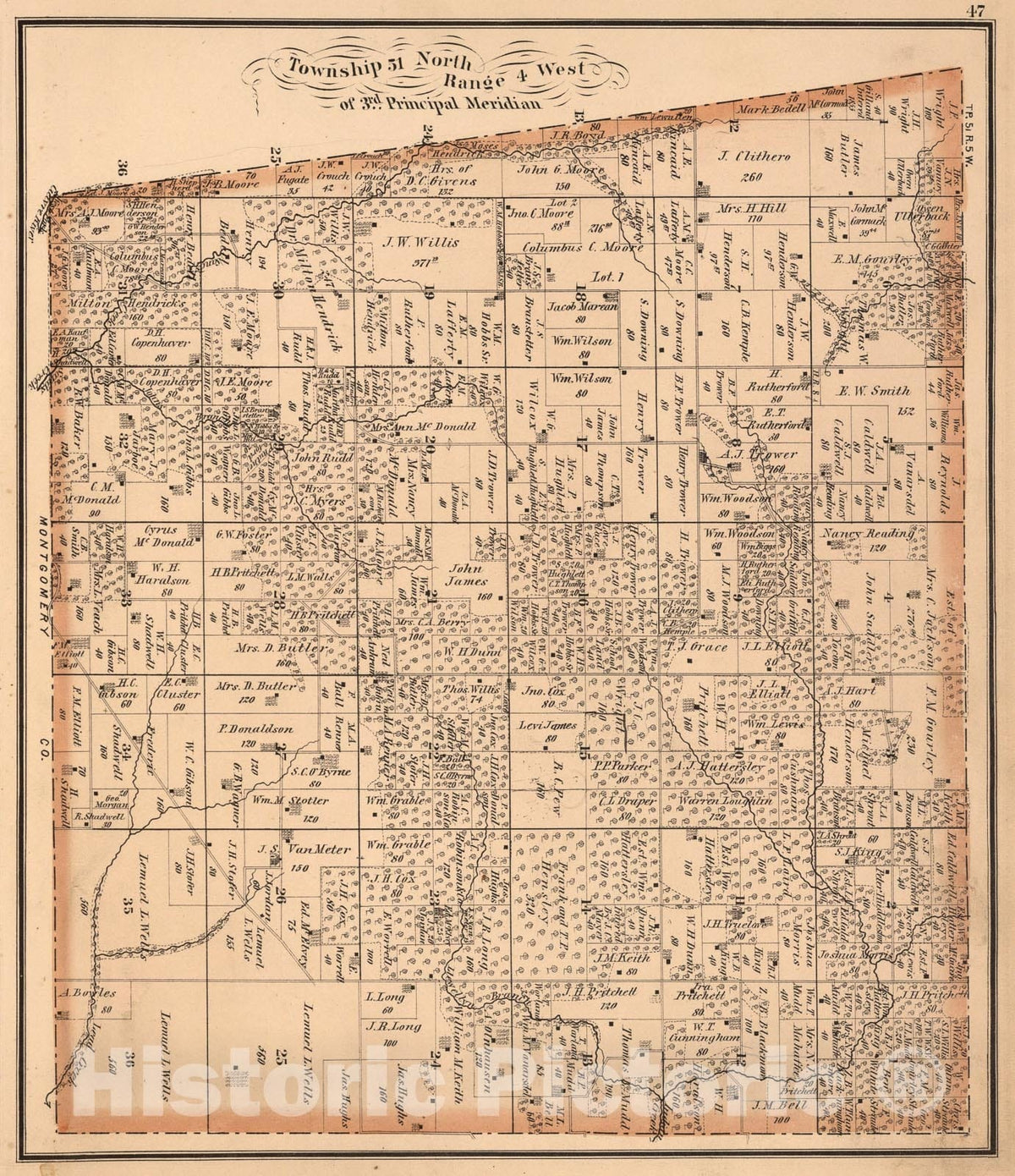 Historic Map : Township fifty-one North, Range four West of 3rd Principal Meridian, Pike County, Missouri., 1875, Vintage Wall Art
