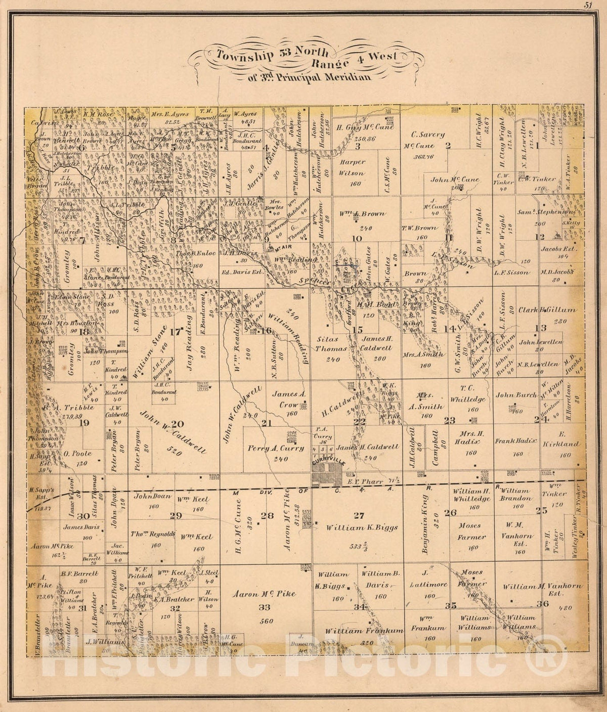 Historic Map : Township fifty-three North, Ranges four West of 3rd Principal Meridian, Pike County, Missouri., 1875, Vintage Wall Art