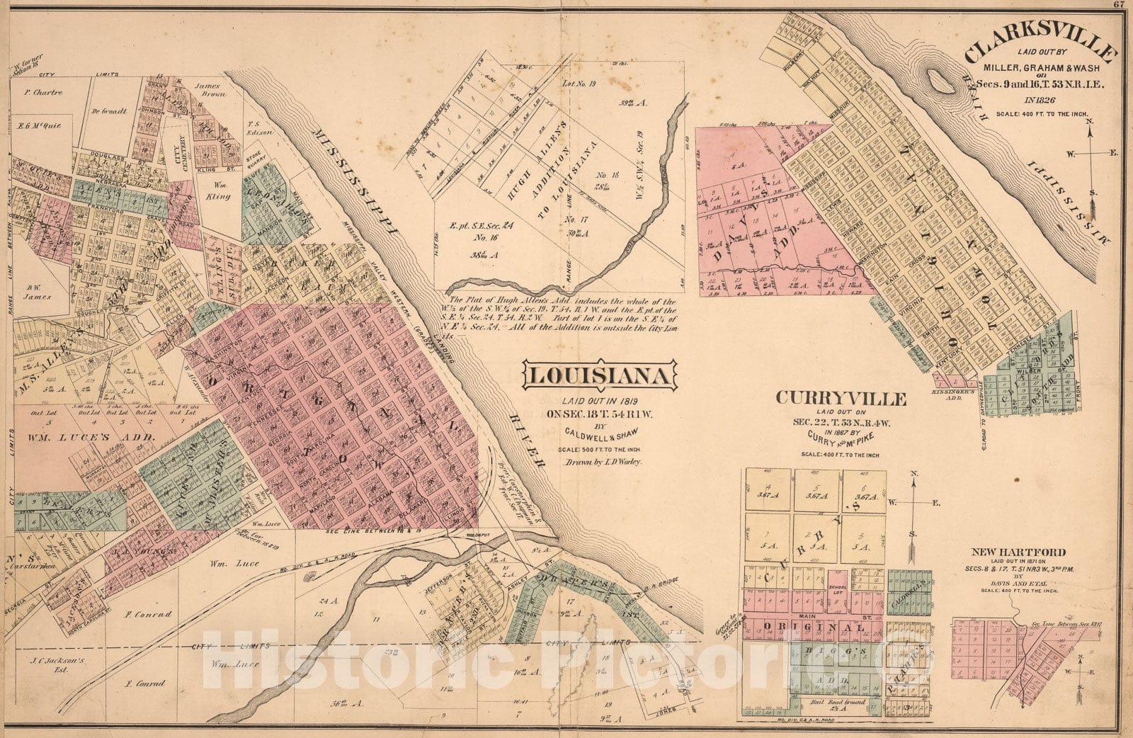 Historic Map : Louisiana. Clarksville. Curryville. New Hartford, Missouri., 1875, Vintage Wall Art