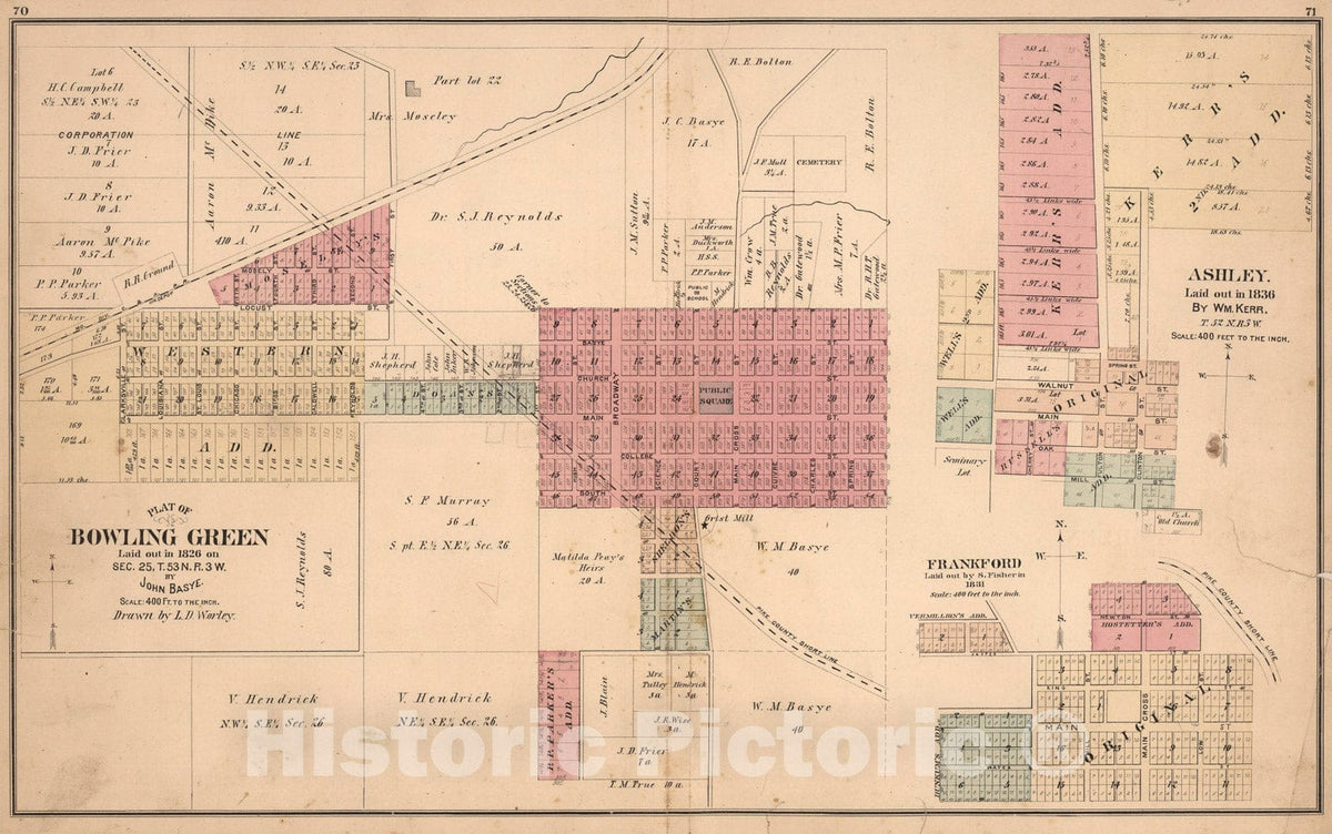 Historic Map : Bowling Green. Ashley. Frankford, Missouri., 1875, Vintage Wall Art