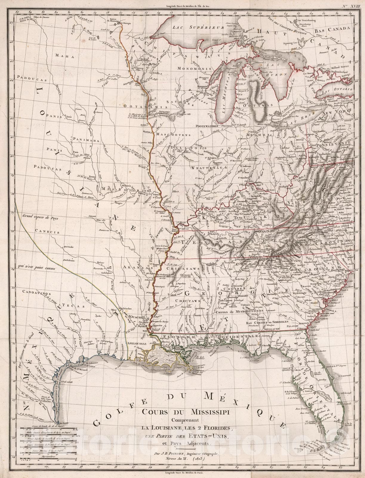 Historic Map : Cours du Mississippi comprenant la Louisiane, 1803, Vintage Wall Art