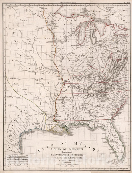 Historic Map : Cours du Mississippi comprenant la Louisiane, 1803, Vintage Wall Art