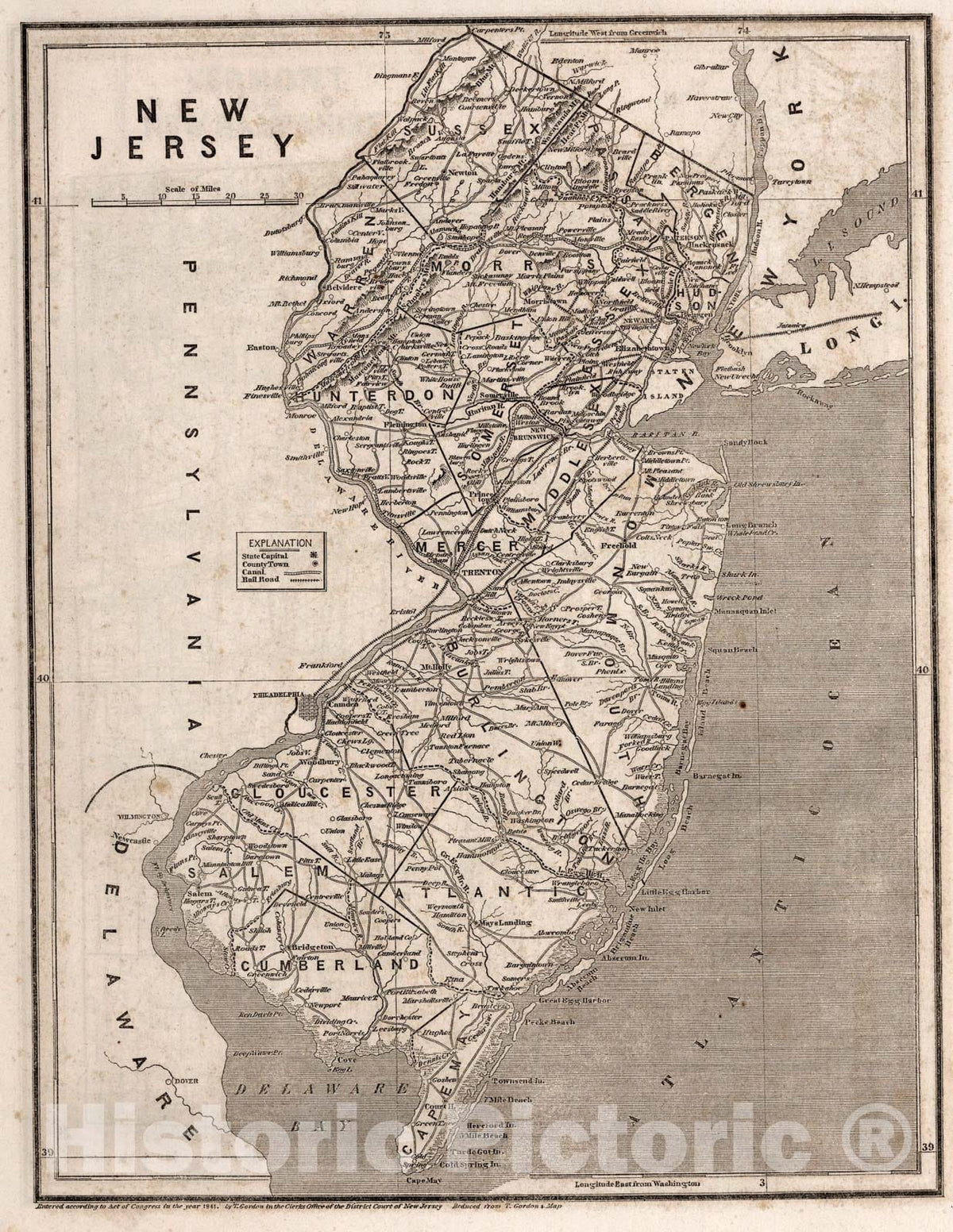 Historic Map : New Jersey, 1842, Vintage Wall Art