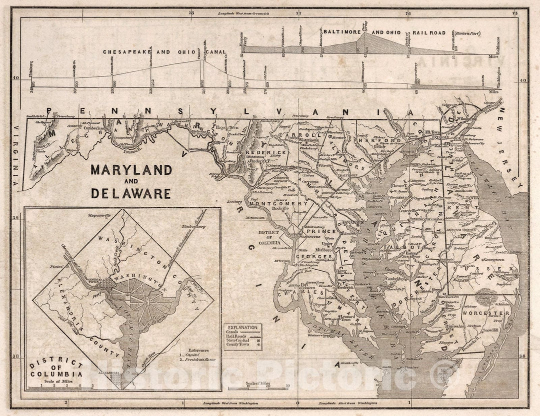 Historic Map : Maryland and Delaware, 1842, Vintage Wall Art