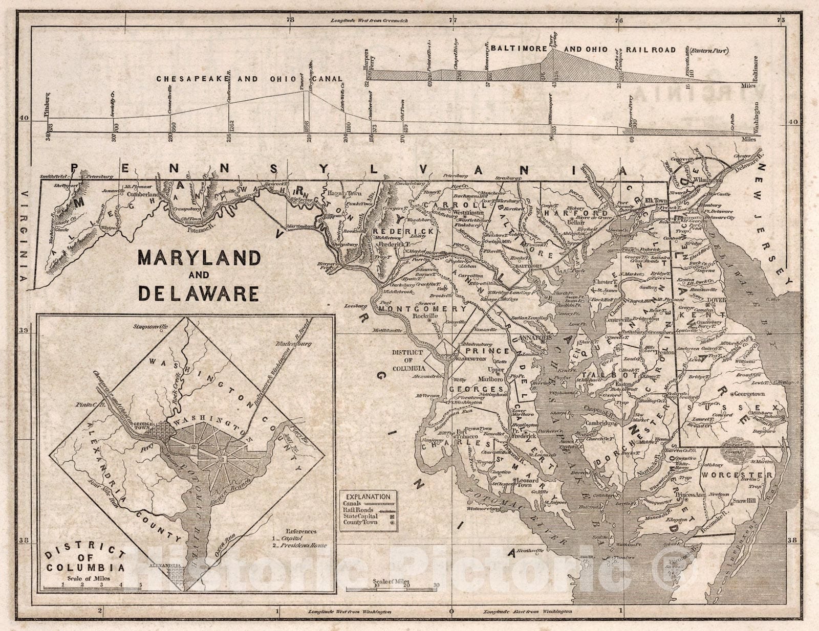 Historic Map : Maryland and Delaware, 1842, Vintage Wall Art