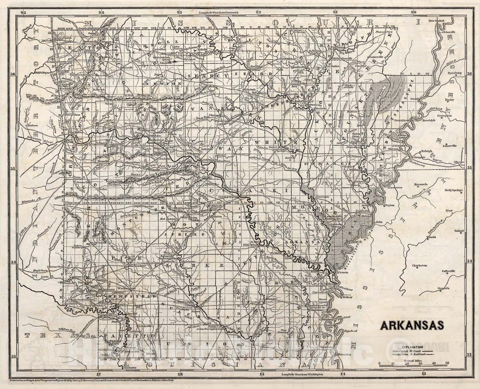 Historic Map : Arkansas, 1844, Vintage Wall Art