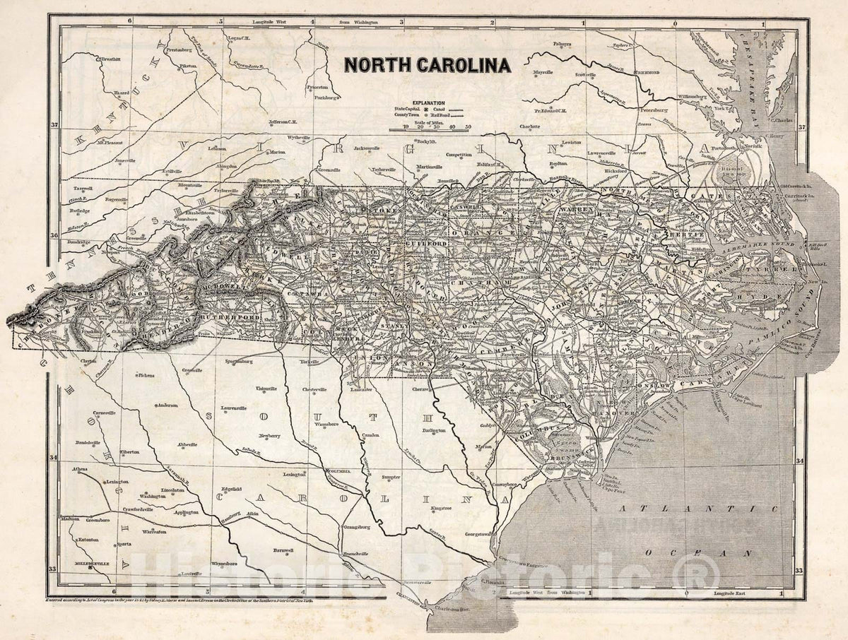 Historic Map : North Carolina, 1843, Vintage Wall Art