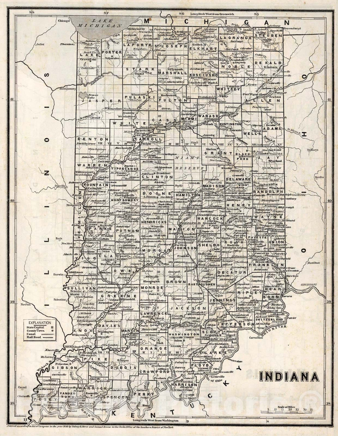 Historic Map : Indiana, 1843, Vintage Wall Art