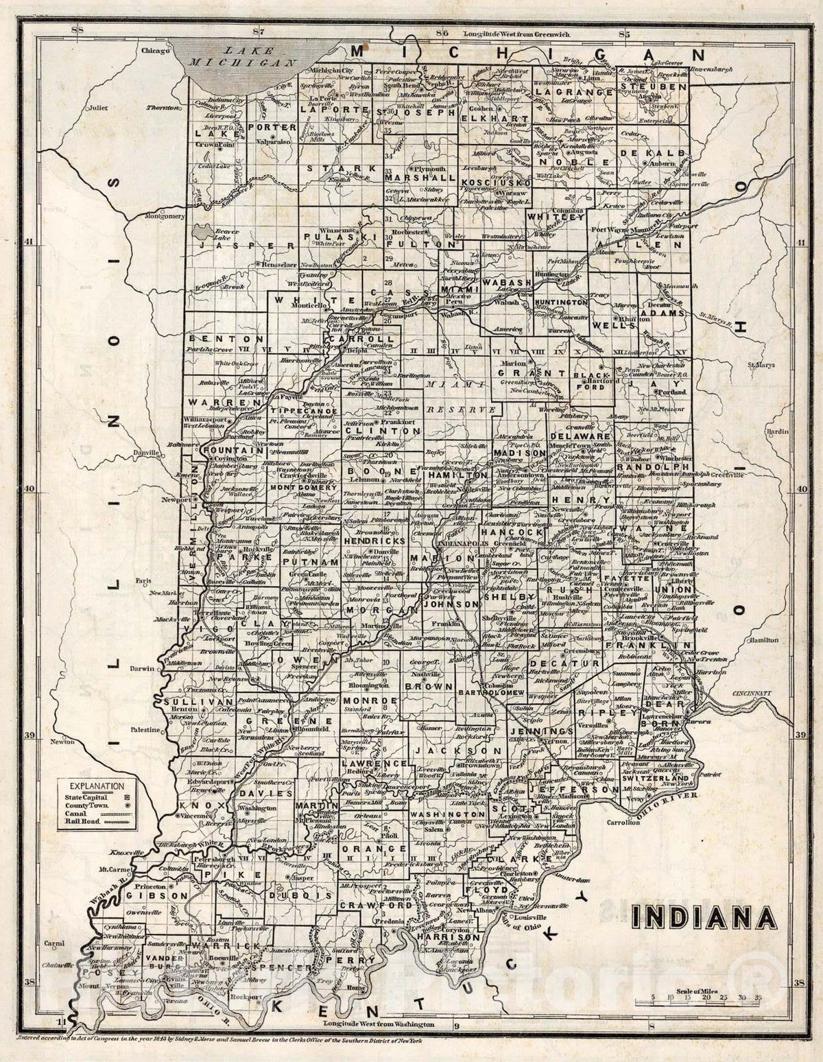 Historic Map : Indiana, 1843, Vintage Wall Art