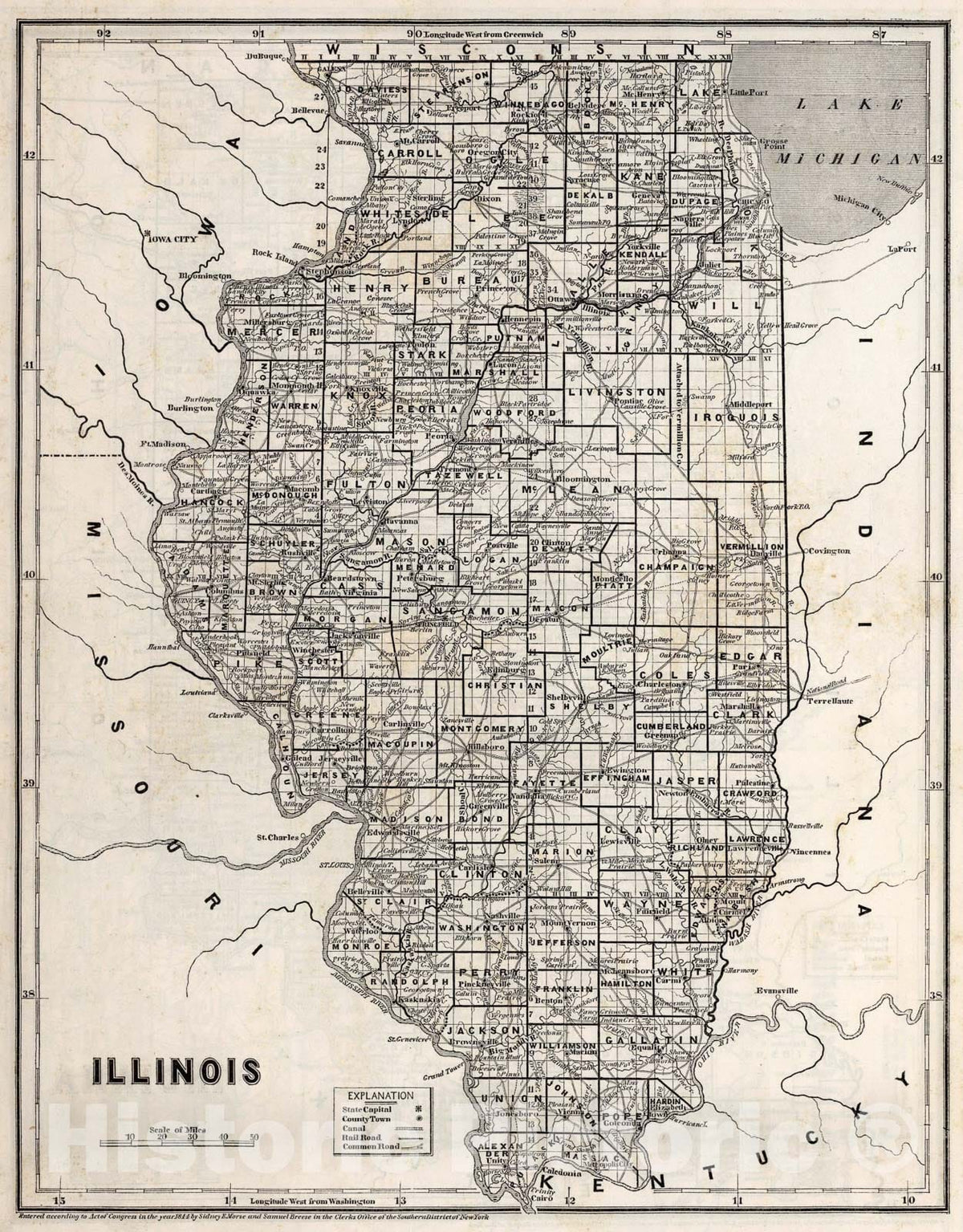 Historic Map : Illinois, 1844, Vintage Wall Art