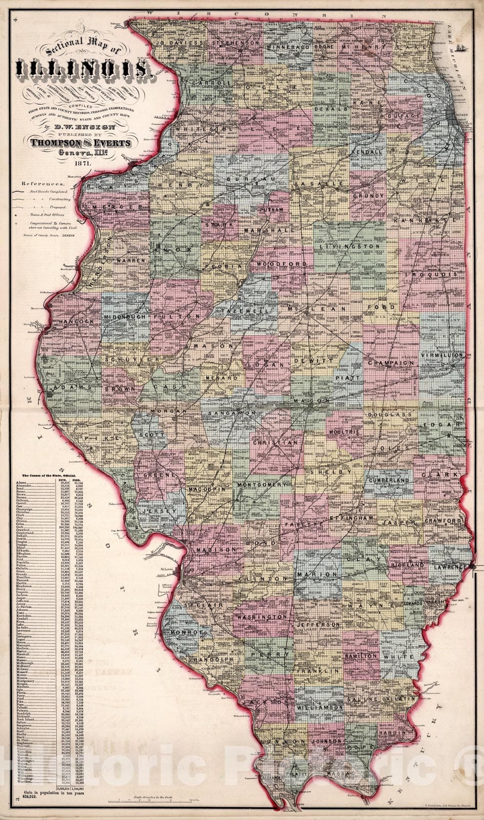 Historic Map : Sectional Map of Illinois ... by D.W. Ensign, Published by Thompson and Everts, Geneva, Illinois, 1871., 1871, Vintage Wall Art