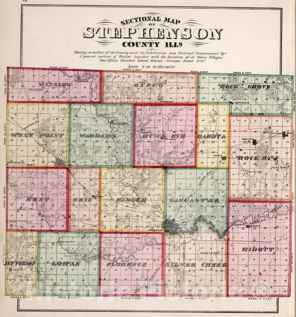 Historic Map : Sectional Map of Stephenson County, Illinois., 1871, Vintage Wall Art