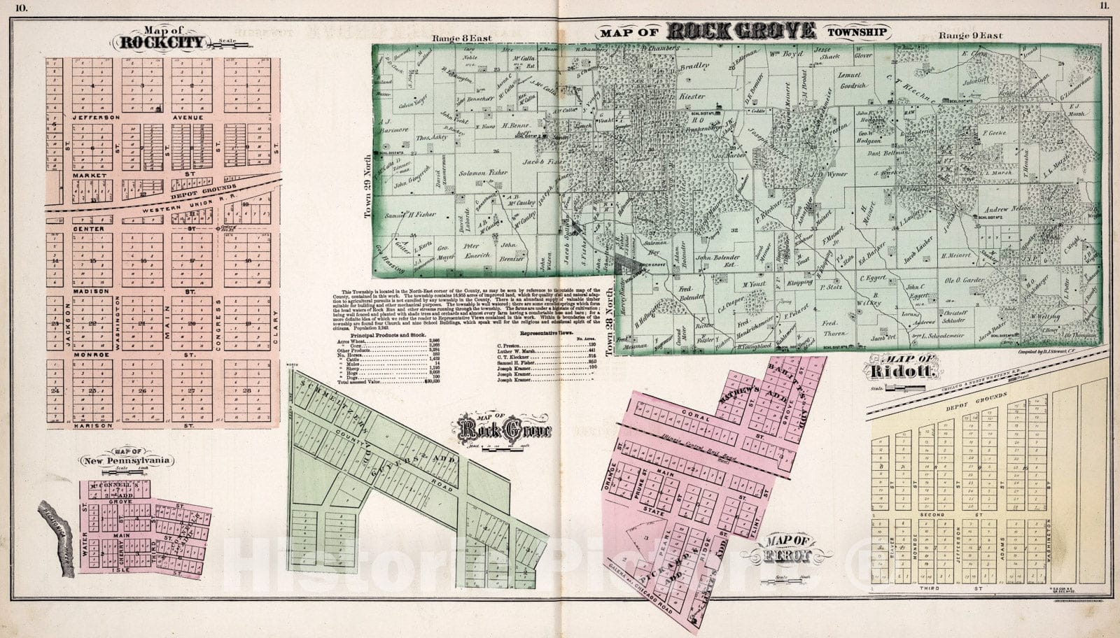 Historic Map : Rock Grove Township, Stephenson County, Illinois. Rock City , etc., Stephenson County, Illinois., 1871, Vintage Wall Art