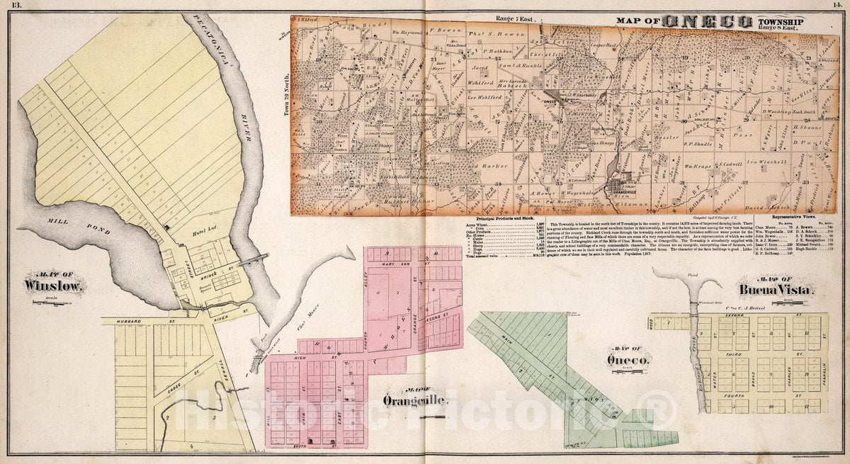 Historic Map : Oneco Township, Stephenson County, Illinois. Winslow, etc., Stephenson County, Illinois., 1871, Vintage Wall Art