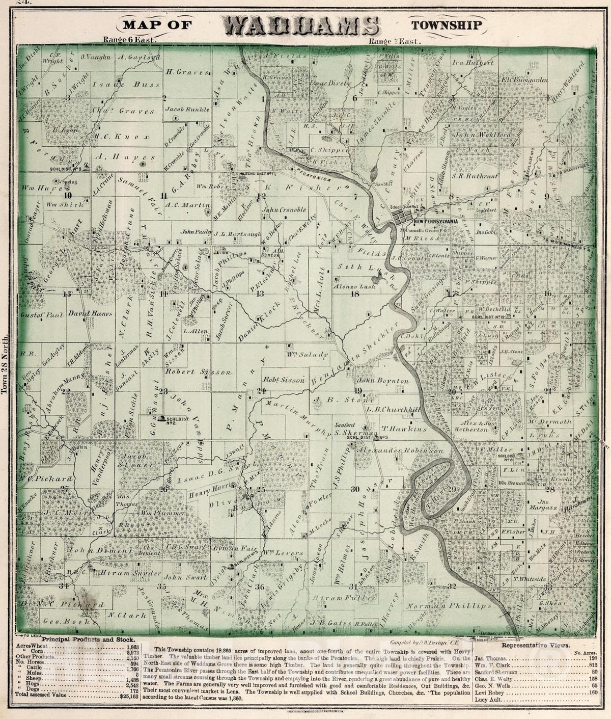 Historic Map : Waddams Township, Stephenson County, Illinois., 1871, Vintage Wall Art