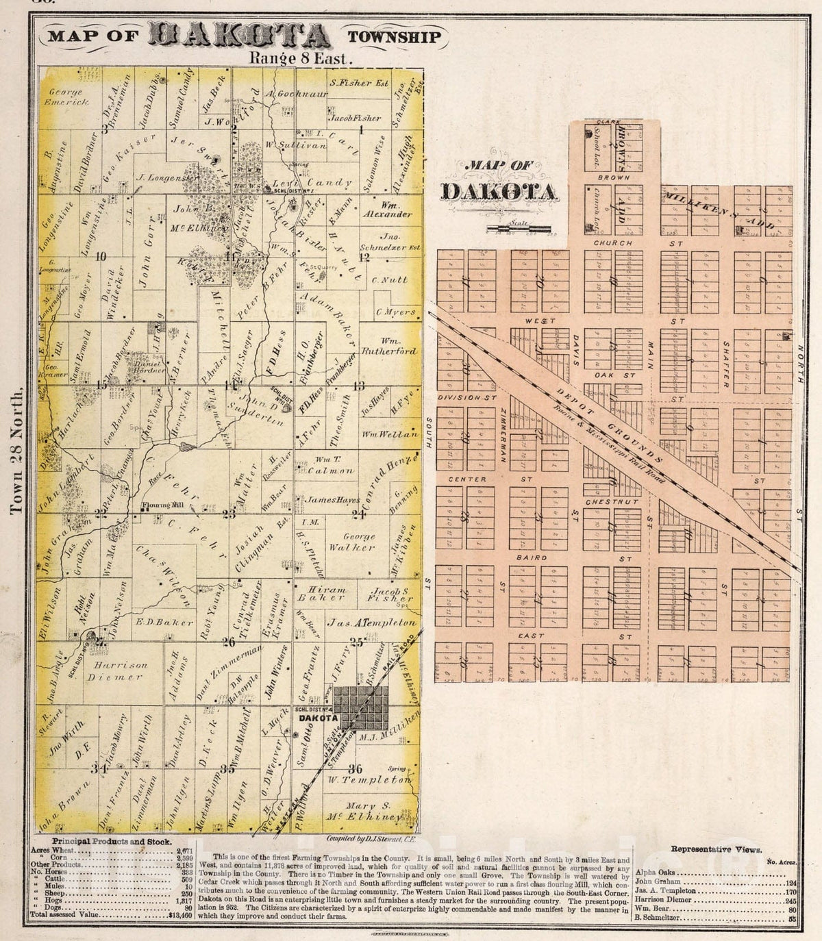 Historic Map : Dakota Township, Stephenson County, Illinois. Dakota, Illinois., 1871, Vintage Wall Art