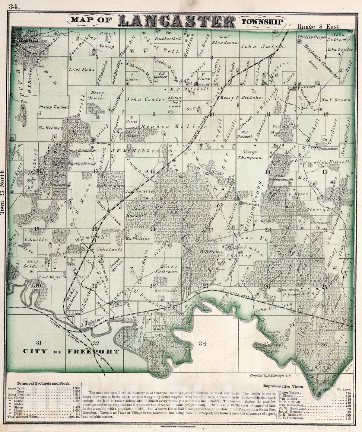Historic Map : Lancaster Township, Stephenson County, Illinois., 1871, Vintage Wall Art